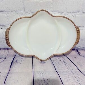 Fire King Gold Gilded Relish divided milk glass 7.5”